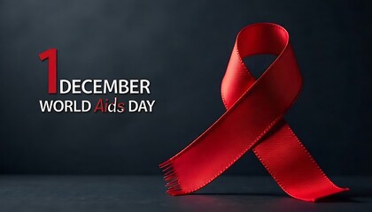 A large red ribbon, the international symbol for HIVAIDS awareness, against a dark background with the text 1 DECEMBER WORLD AIDS DAY displayed, created with generative ai