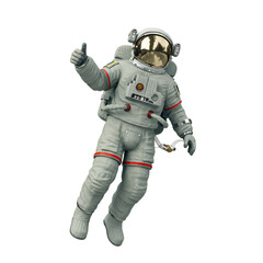 An astronaut gives a thumbs up gesture in zero gravity against a clean black backdrop offering versatile design options.