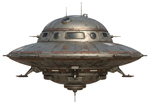 A detailed rendering showcases a vintage flying saucer, presenting its weathered metal exterior and classic science fiction design against a transparent backdrop.