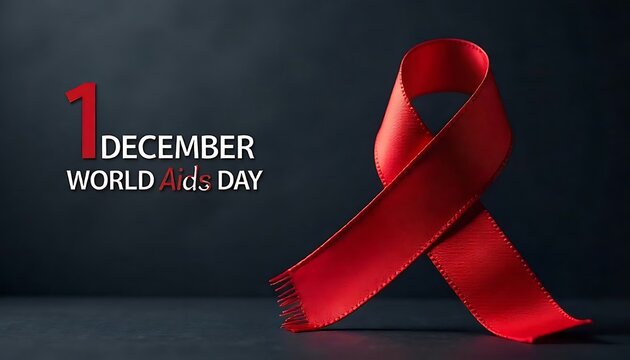 A large red ribbon, the international symbol for HIVAIDS awareness, against a dark background with the text 1 DECEMBER WORLD AIDS DAY displayed, created with generative ai