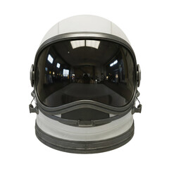 A realistic astronaut helmet with a reflective visor floats on a black background, showing space exploration gear.