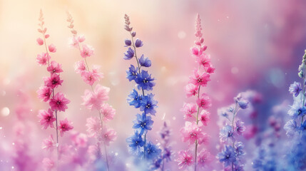 Naklejka premium Whimsical watercolor delphinium in soft, colorful splashes create dreamy floral scene