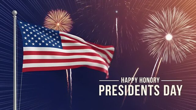 American flag waving with fireworks against dark background for presidents day celebration