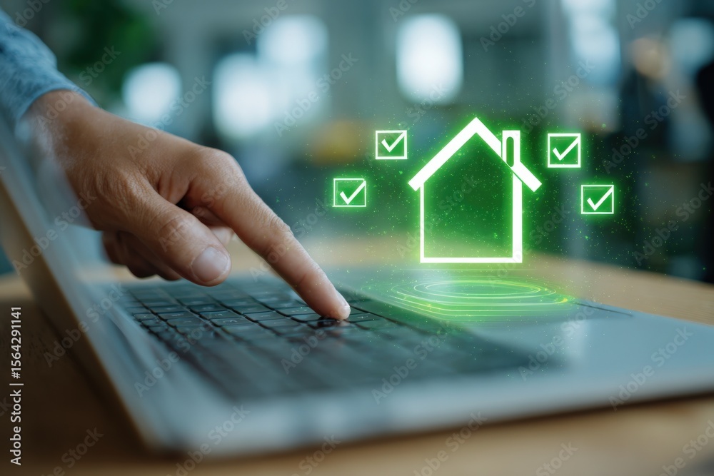 Poster smart home technology concept with digital house icon and check marks on laptop for automation remot