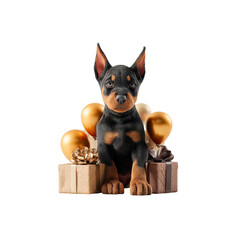 Adorable Doberman Puppy with Gold Balloons and Gifts