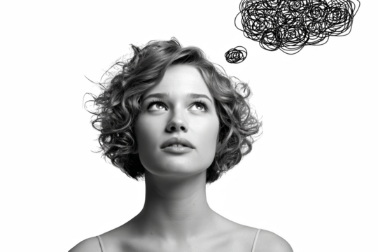 A woman with curly hair looks up with a thought bubble above her head in a black and white portrait.