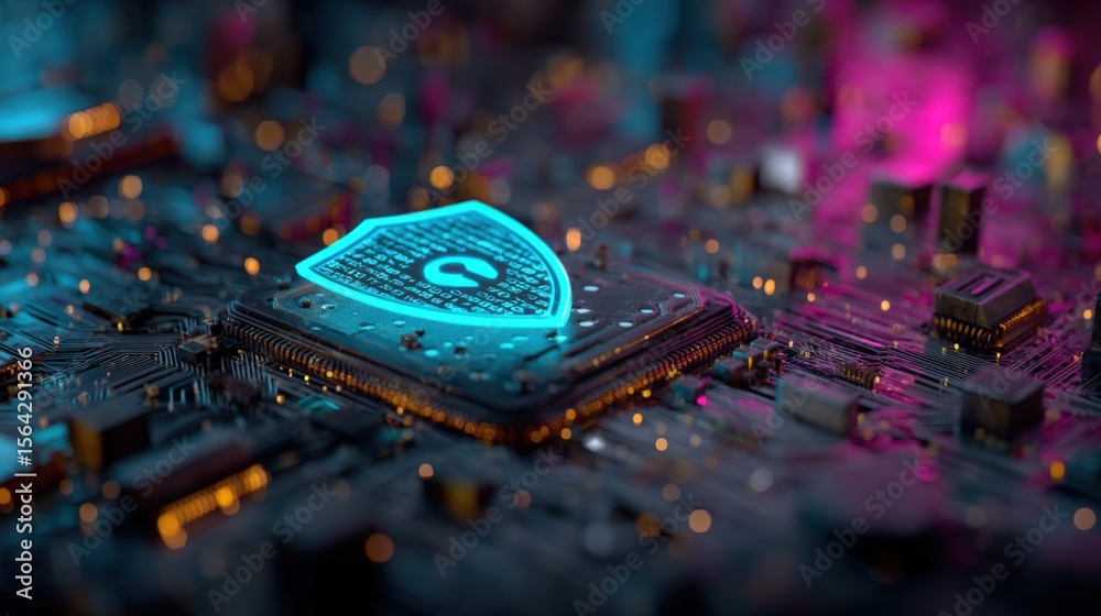 Poster High-tech computer chip with glowing digital shield symbol on circuit board illuminated in vibrant pink and blue neon lights