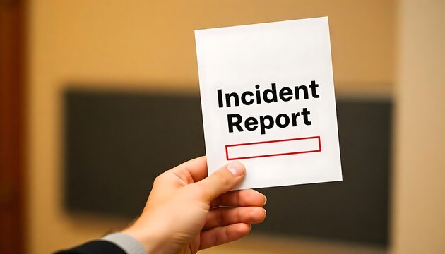 A person's hand holding an Incident Report sign, indicating an incident has occurred and needs to be documented, created with generative ai