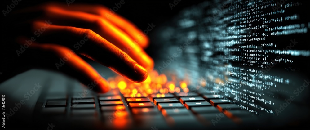 Leinwandbilder Advanced Cybersecurity Concept with Human Hand Interacting with Illuminated Keyboard and Digital Data Streams for Technology and Security Themes