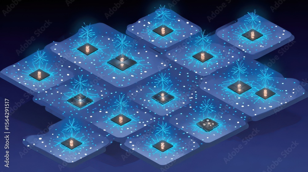 Poster isometric view of a network of interconnected components.