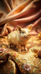 A sparkly golden pig figurine sits atop a luxurious velvet fabric background with intricate floral patterns and soft pastel hues