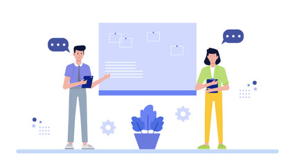 Two people present a project plan near a plant. Ideal for business presentations, green initiatives, teamwork concepts, environmental projects.