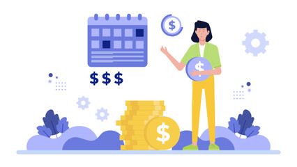 Woman holding money near a calendar and coins, financial planning concept suitable for budgeting, saving, payday, expenses, and financial goals.