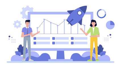 Two people showing growth chart with rocket, success, teamwork, business, achieving goals, financial success, progress monitoring, motivation, leadership.
