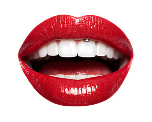 Obraz premium Close up of open mouth with red lipstick and a tooth piercing on a black background image view