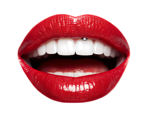 Close up of open mouth with red lipstick and a tooth piercing on a black background image view