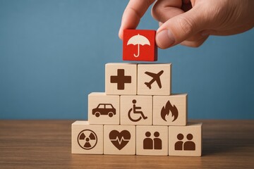 Hand placing red block with umbrella symbol atop wooden blocks with insurance icons