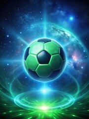 Fototapeta premium Cosmic energy field radiating from a glowing green soccer ball set against a deep indigo background with stars and planets visible through the shimmering aura