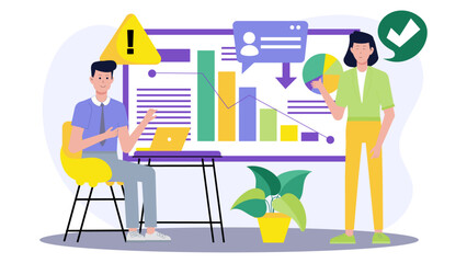 Colleagues collaborating on business data; perfect for presentations, reports, marketing, teamwork, analysis, strategy, graphs, charts, office, and collaboration projects.