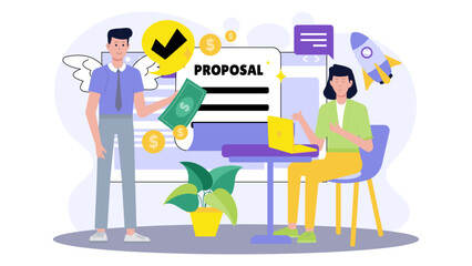 Business proposal success illustration with money falling, indicating approval. Useful for financial presentations, business concepts, success themes in design.