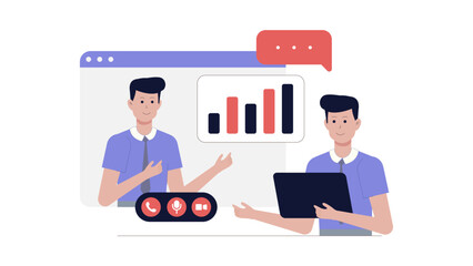 Virtual meeting scene with business data analysis, suitable for presentations, websites, and social media posts related to technology or finance.