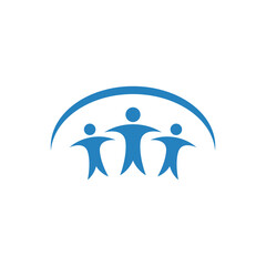 Blue stylized graphic of three human figures under an arch, representing unity.