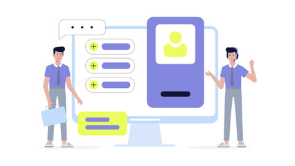 Two customer service agents work together on a computer interface. Perfect for websites, blog posts, or newsletters about customer service.