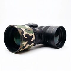 Telephoto camera lens with camouflage cover