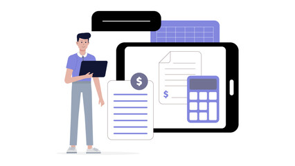Man using tablet for financial calculations, suitable for business websites, financial blog posts, tech articles, banking presentations, and educational materials.