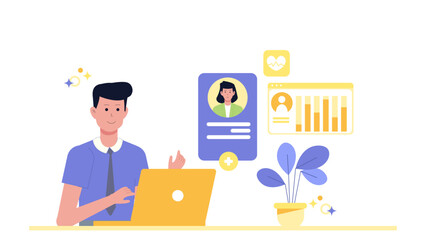 Man analyzing data on a laptop, focusing on a female profile with graphs. Ideal for technology, business, social media concepts.