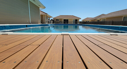 Backyard Swimming Pool with Wooden Deck on Sunny Day