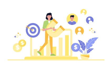 Woman using large magnet to attract customers, boosting profits. Ideal for marketing, business, success concepts in advertising, presentations.