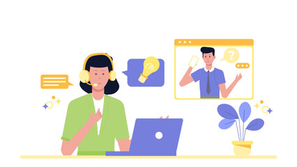 Virtual customer service agent assisting client online, suitable for technology, customer service, online support, and communication related concepts.