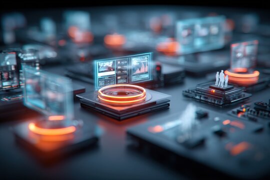 Futuristic technology hardware with holographic display interfaces featu glowing circuit boards and digital data visualization on electronic devices