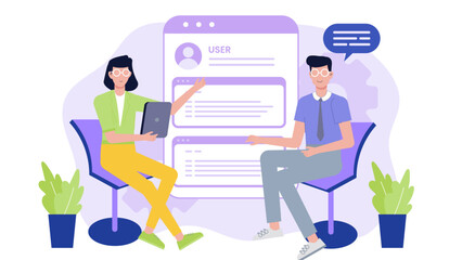 Two people discussing a user profile on a digital screen, ideal for technology or online communication concepts in design.