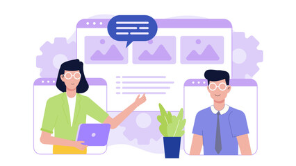 Two people video conference presenting a website design plan. Perfect for technology websites, online marketing materials, virtual team collaborations.