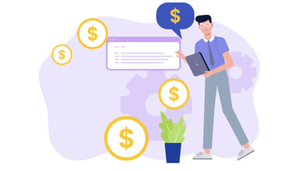 Businessman presents financial data near dollar signs, suitable for business presentations, financial reports, websites, and articles on finance or economics.