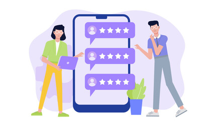 Two people checking five star ratings on smartphone screen. Suitable for technology, communication, reviews, customer feedback, online shopping concepts.