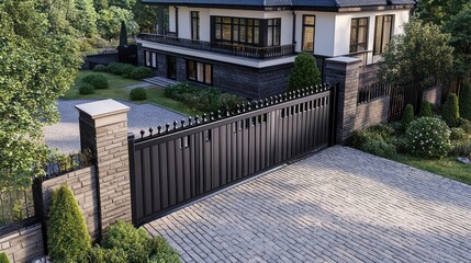 Modern black gate, luxury home, stone wall, driveway, property, estate