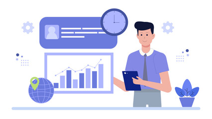 Businessman confidently showcasing a rising graph, ideal for presentations, financial reports, business articles, and marketing materials emphasizing success and growth.