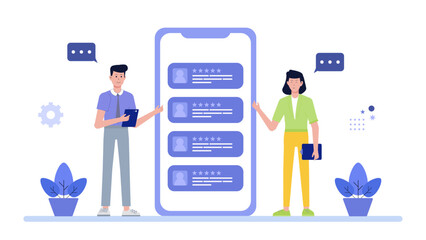 Two people checking positive customer reviews on large phone, suitable for marketing, digital content, reviews, online feedback concept design.