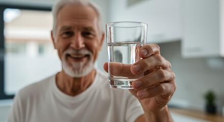 Senior Man Hydration: Water Glass Focus