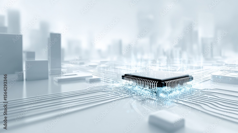 Poster Futuristic computer chip microprocessor with glowing circuits on a digital technology background with cityscape silhouette for innovative electronics design