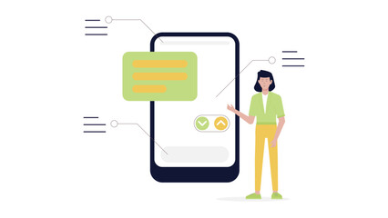 Woman demonstrates app interface design; suitable for tech presentations, digital marketing materials, app development concepts, and web design content.
