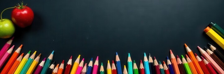 Colorful school supplies border black chalkboard panorama , writing, panorama, black