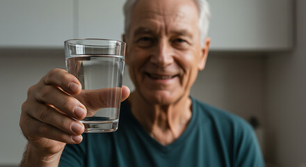 Senior Man Offering Glass of Water, Healthy Hydration
