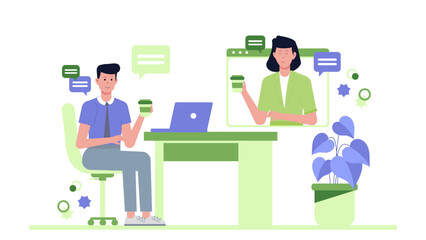 Virtual meeting with coworkers sipping coffee; suitable for presentations, website graphics, and social media posts promoting teamwork and collaboration.