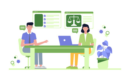 Two people discussing legal matters online at a office desk. Suitable for legal websites, blogs, online consultation services, and financial presentations.