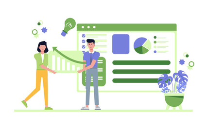 Two people show a graph on a webpage, suitable for financial presentations, analytics websites, business blogs, digital marketing materials.