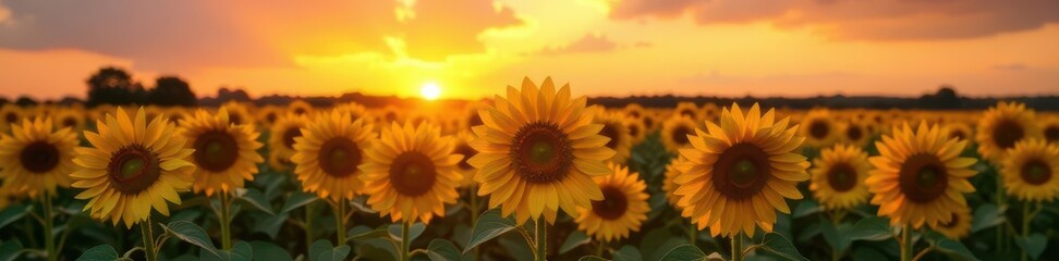 Obraz premium Field of sunflowers at sunset, golden hour light, serene, plants, scenery